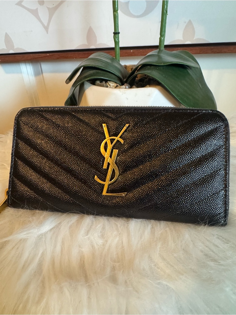 #104 Saint Laurent Black Caviar Zip Wallet with Gold Hardware